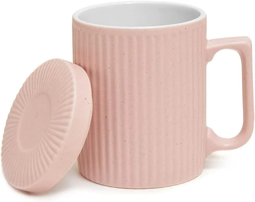 Coffee Mug with Lid, 12oz Coffee mug and Tea cup with Coaster - Suitable for Dishwasher and Microwave (Pink)