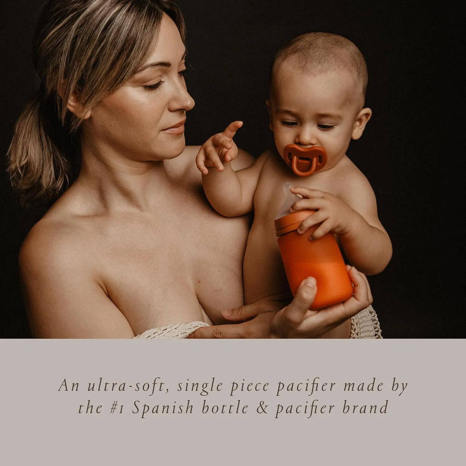 Color Essence SX PRO Silicone Baby Pacifier 2Pk, Made with 100% Soft Silicone, Baby Essentials Perfect for Breastfeeding Babies, Designed in Spain, 6-18 Mths, Nude/Orange