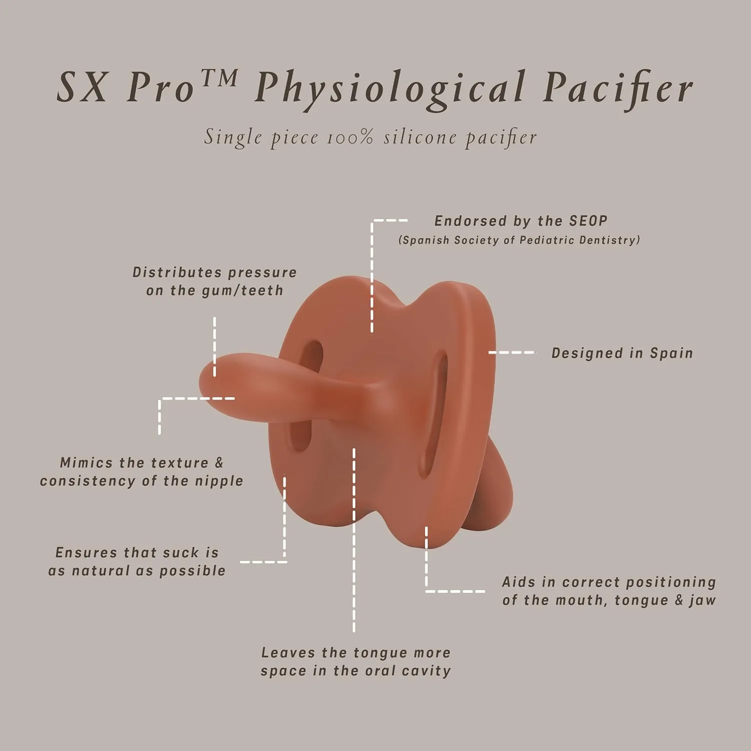 Color Essence SX PRO Silicone Baby Pacifier 2Pk, Made with 100% Soft Silicone, Baby Essentials Perfect for Breastfeeding Babies, Designed in Spain, 6-18 Mths, Nude/Orange