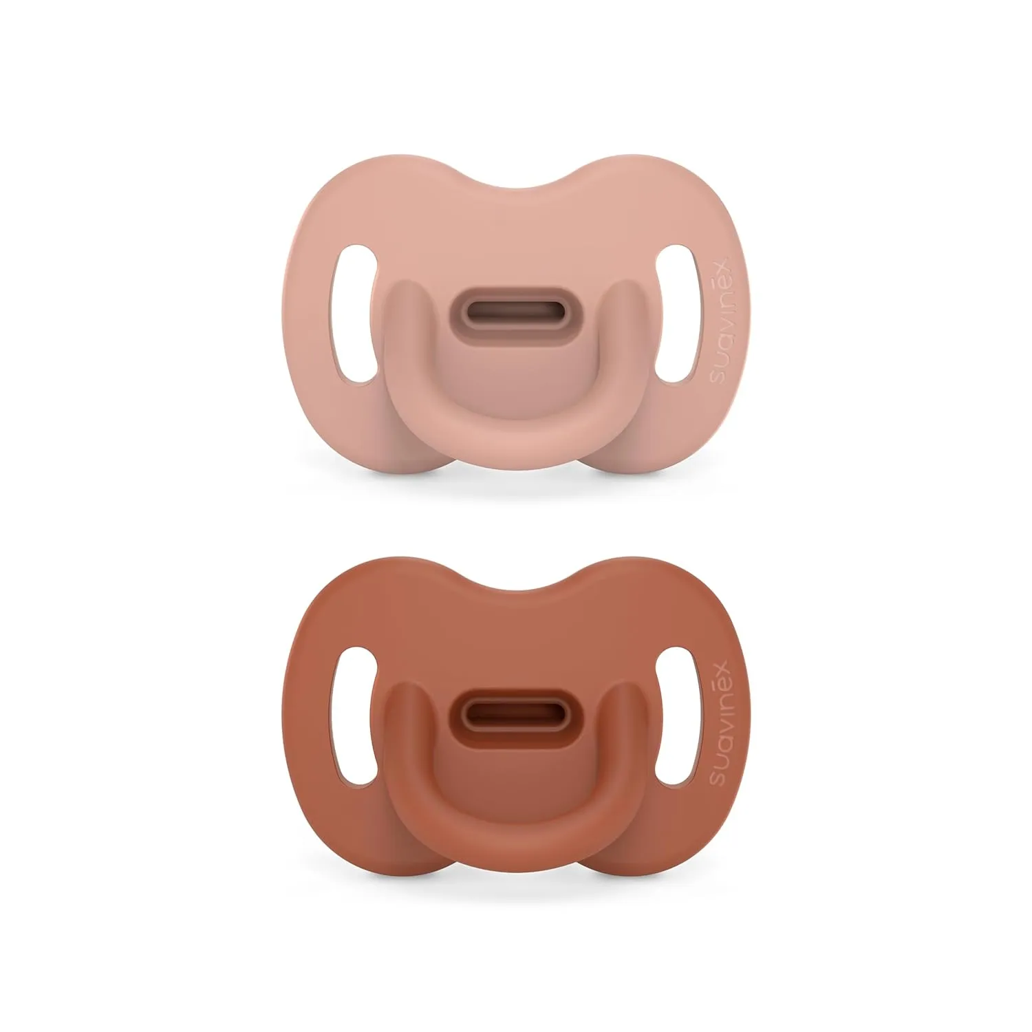 Color Essence SX PRO Silicone Baby Pacifier 2Pk, Made with 100% Soft Silicone, Baby Essentials Perfect for Breastfeeding Babies, Designed in Spain, 6-18 Mths, Nude/Orange