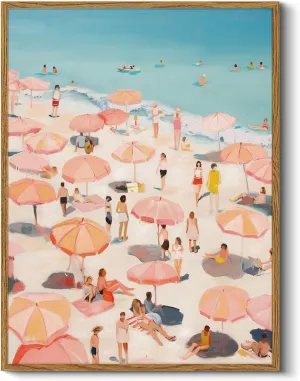 Colorful Seaside Vacation Vibes 12x16 Framed Canvas Wall Art, Retro People and Pink Umbrellas Summer Coastal Print, Tropical Beach Scene Bathroom Home Cafe Storefront Decor