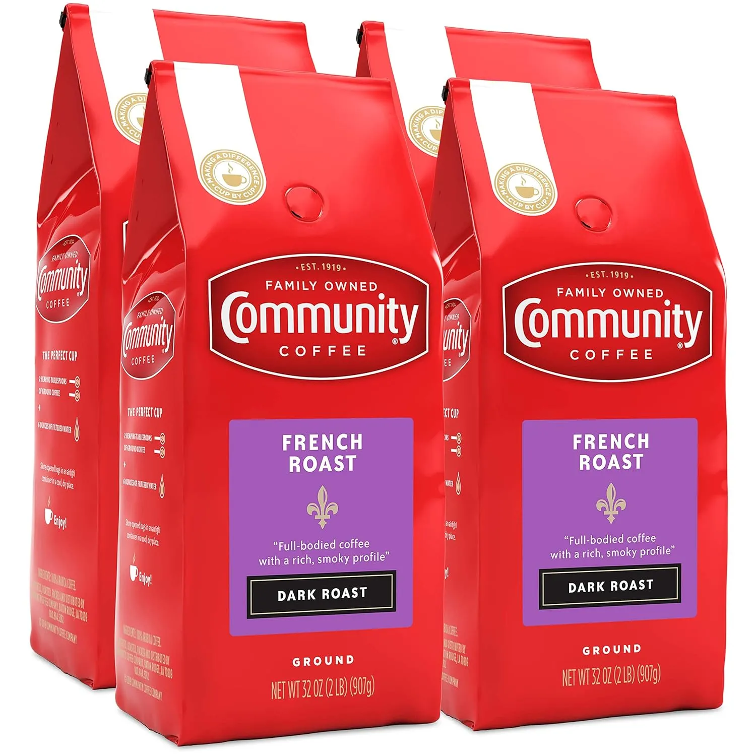 Community Coffee French Roast Ground Coffee, Extra Dark Roast, 32 Ounce Bag (Pack of 4)