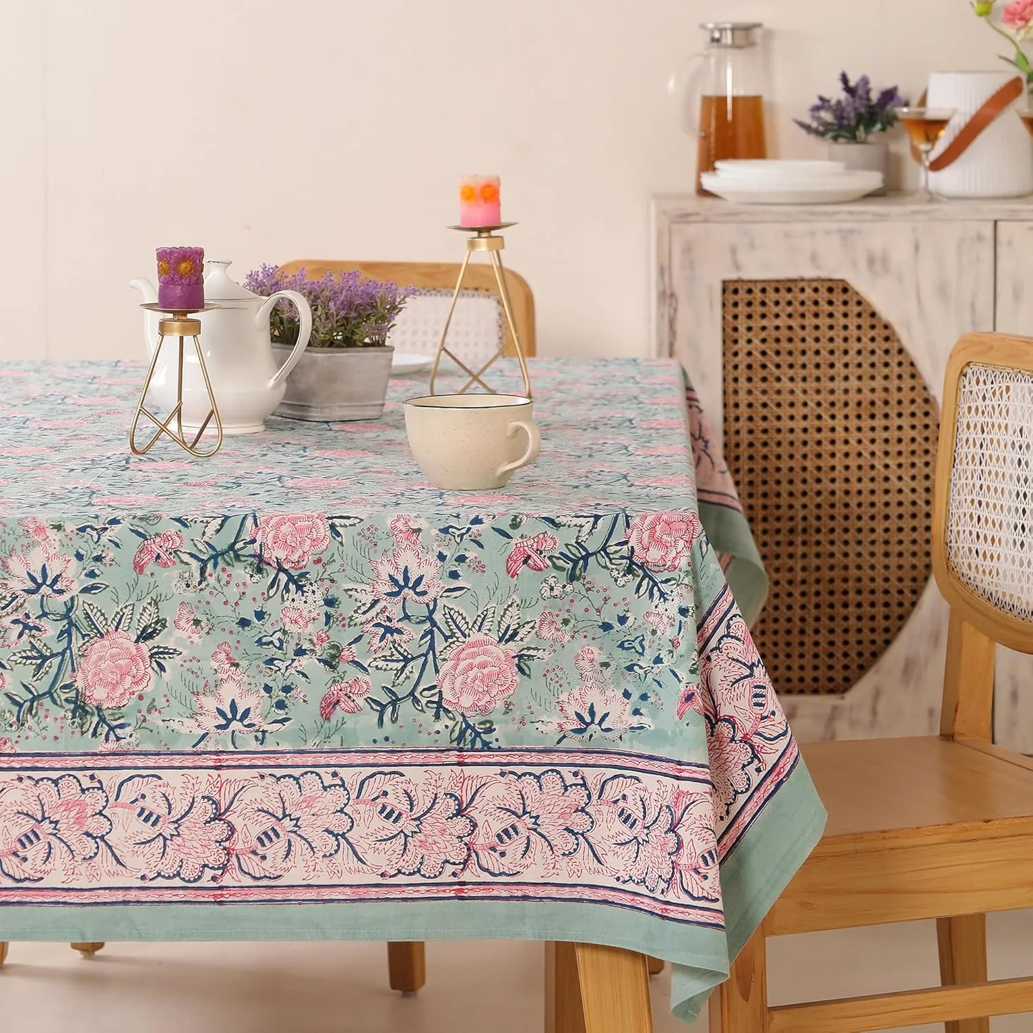 COTSILER Premium Handblock Printed Cotton Floral Tablecloth/Table Cover, Rectangular, Washable, Pre-Washed, Event, Dining, Thanksgiving (Peach Green-D14, 72x108 Inches)