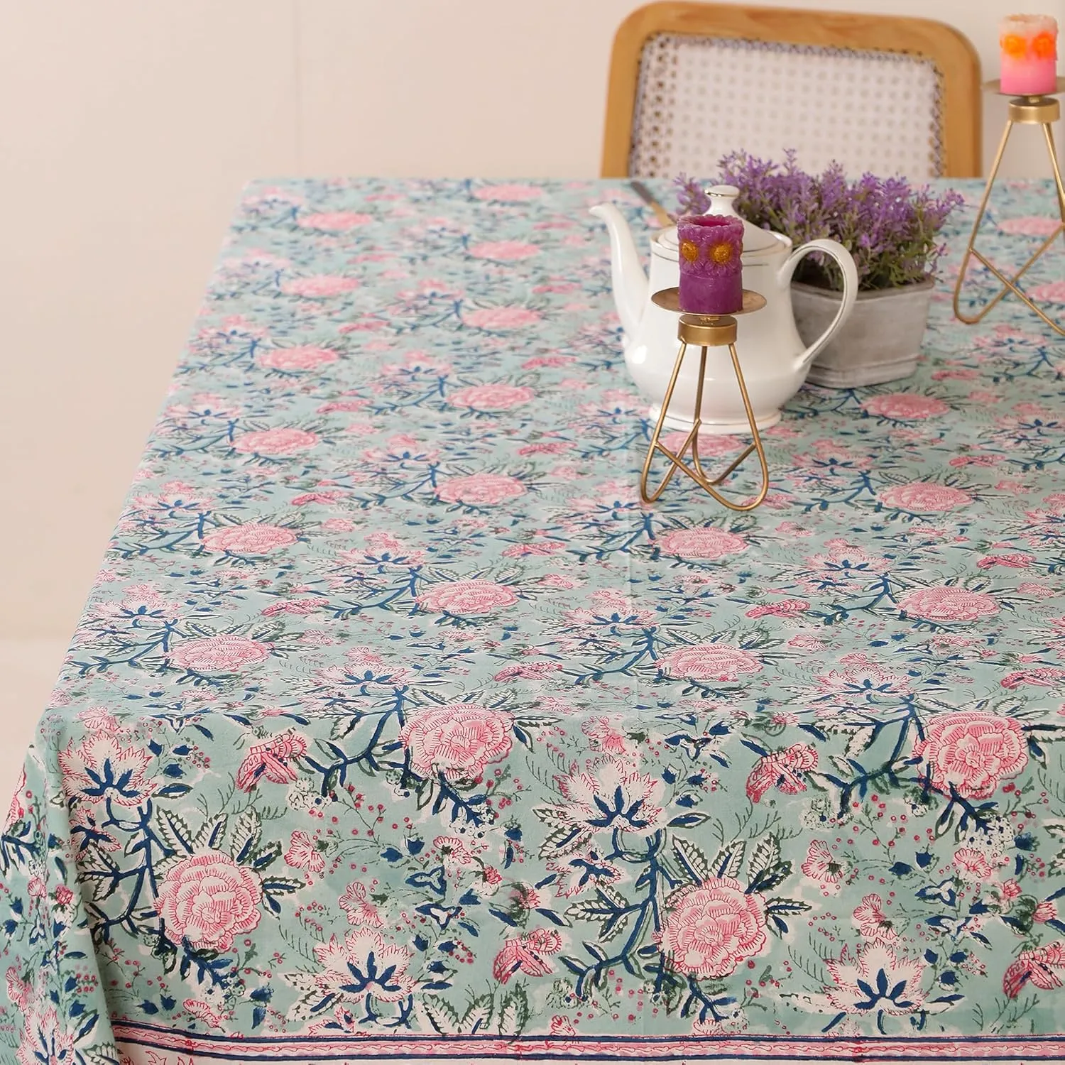 COTSILER Premium Handblock Printed Cotton Floral Tablecloth/Table Cover, Rectangular, Washable, Pre-Washed, Event, Dining, Thanksgiving (Peach Green-D14, 72x108 Inches)