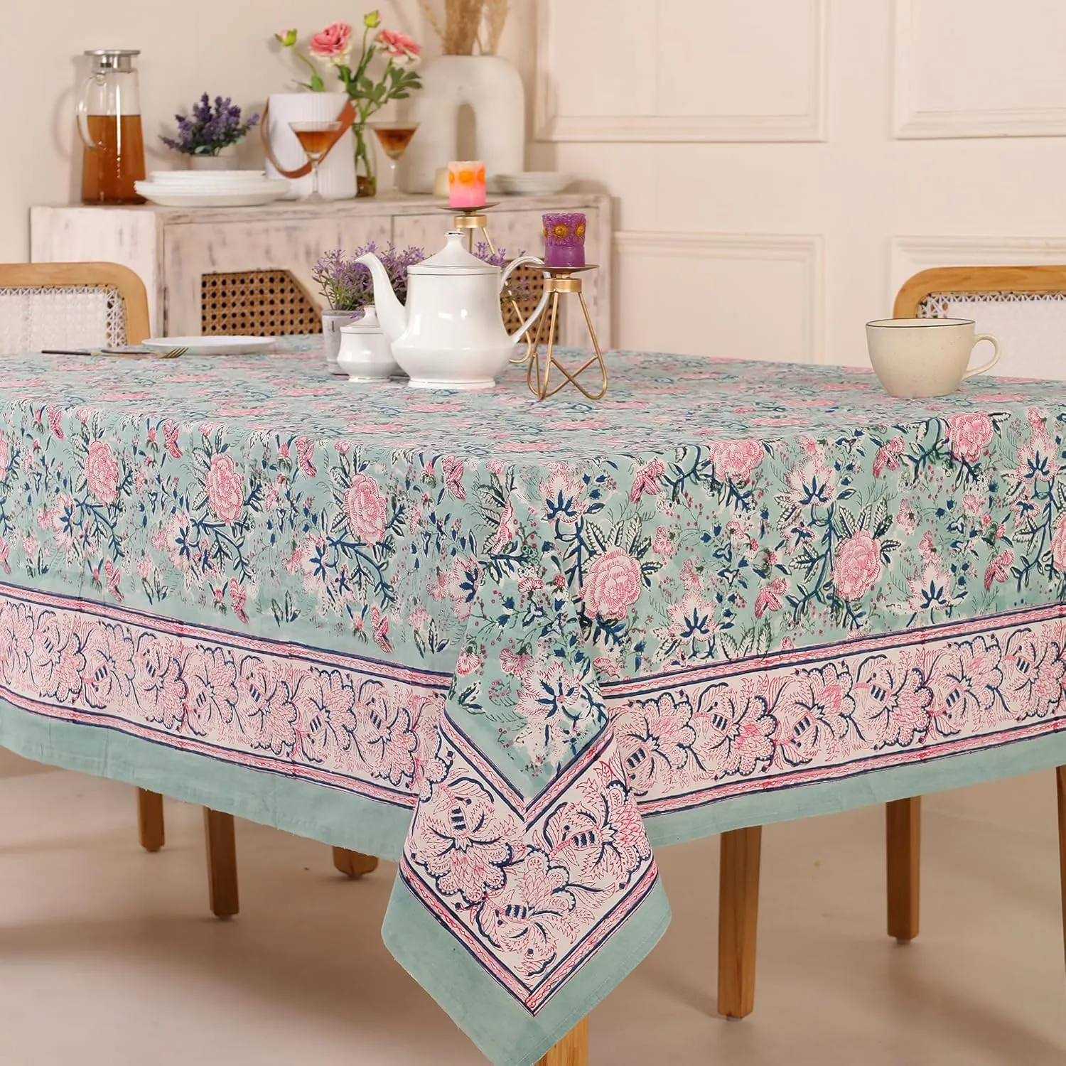 COTSILER Premium Handblock Printed Cotton Floral Tablecloth/Table Cover, Rectangular, Washable, Pre-Washed, Event, Dining, Thanksgiving (Peach Green-D14, 72x108 Inches)