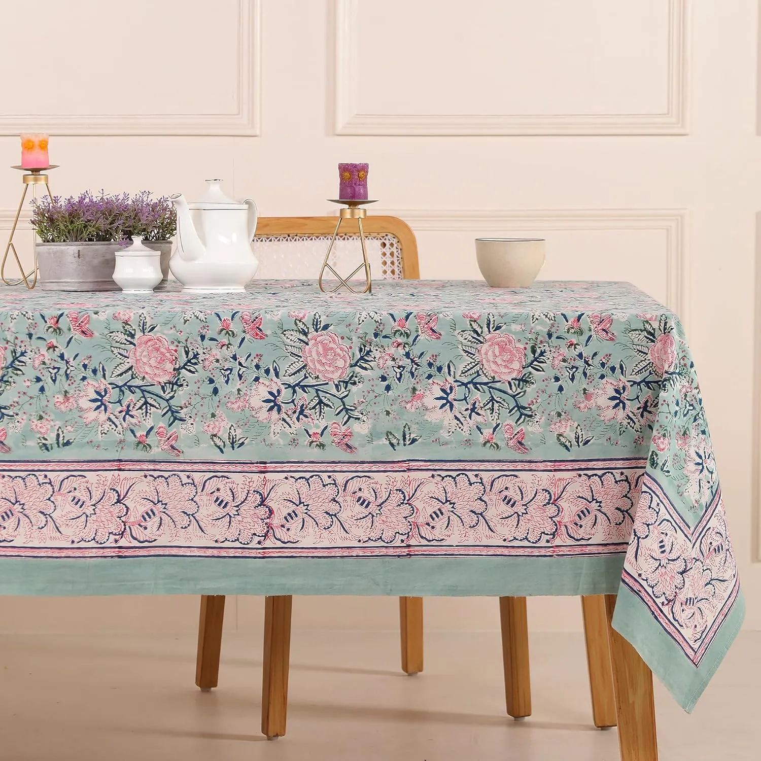 COTSILER Premium Handblock Printed Cotton Floral Tablecloth/Table Cover, Rectangular, Washable, Pre-Washed, Event, Dining, Thanksgiving (Peach Green-D14, 72x108 Inches)