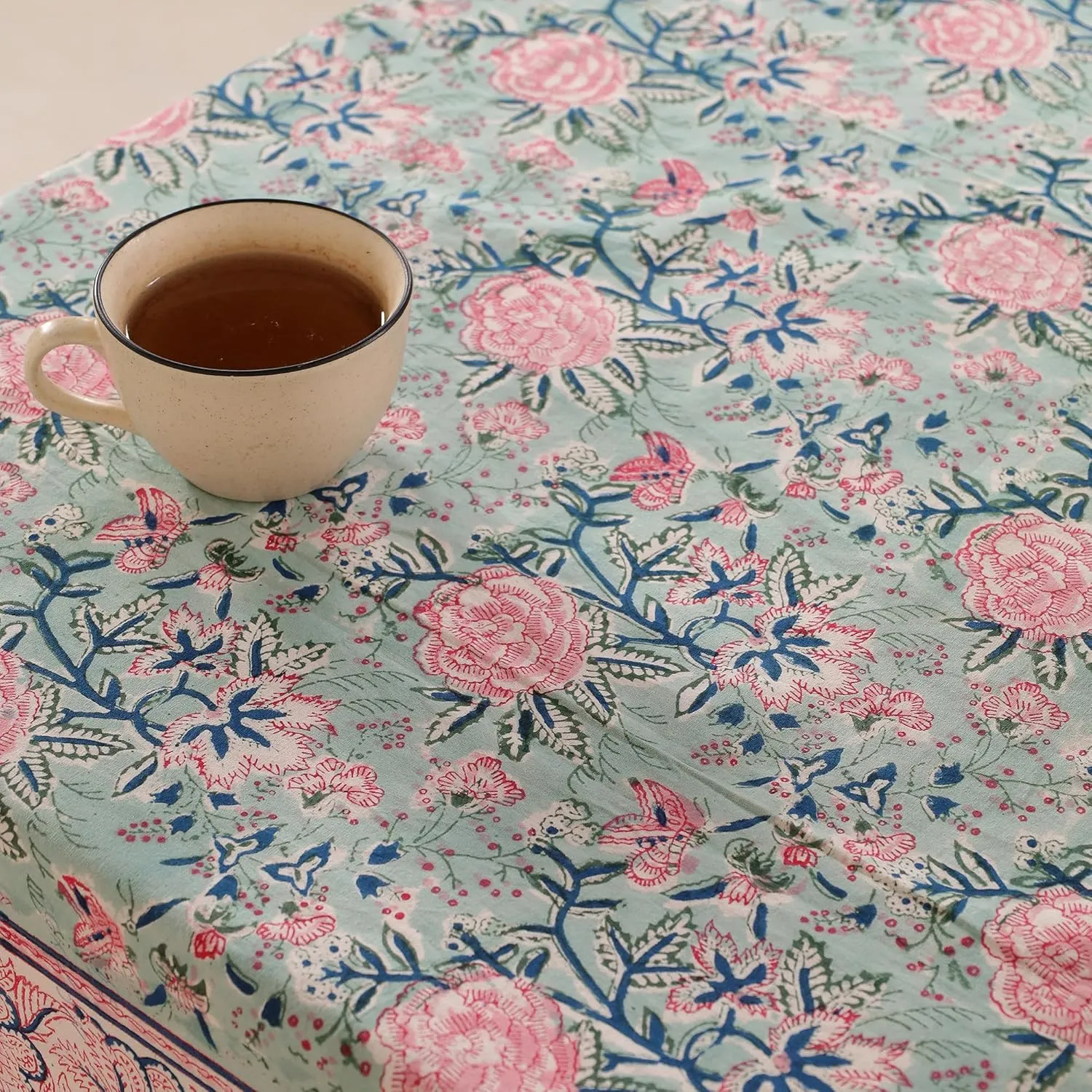 COTSILER Premium Handblock Printed Cotton Floral Tablecloth/Table Cover, Rectangular, Washable, Pre-Washed, Event, Dining, Thanksgiving (Peach Green-D14, 72x108 Inches)