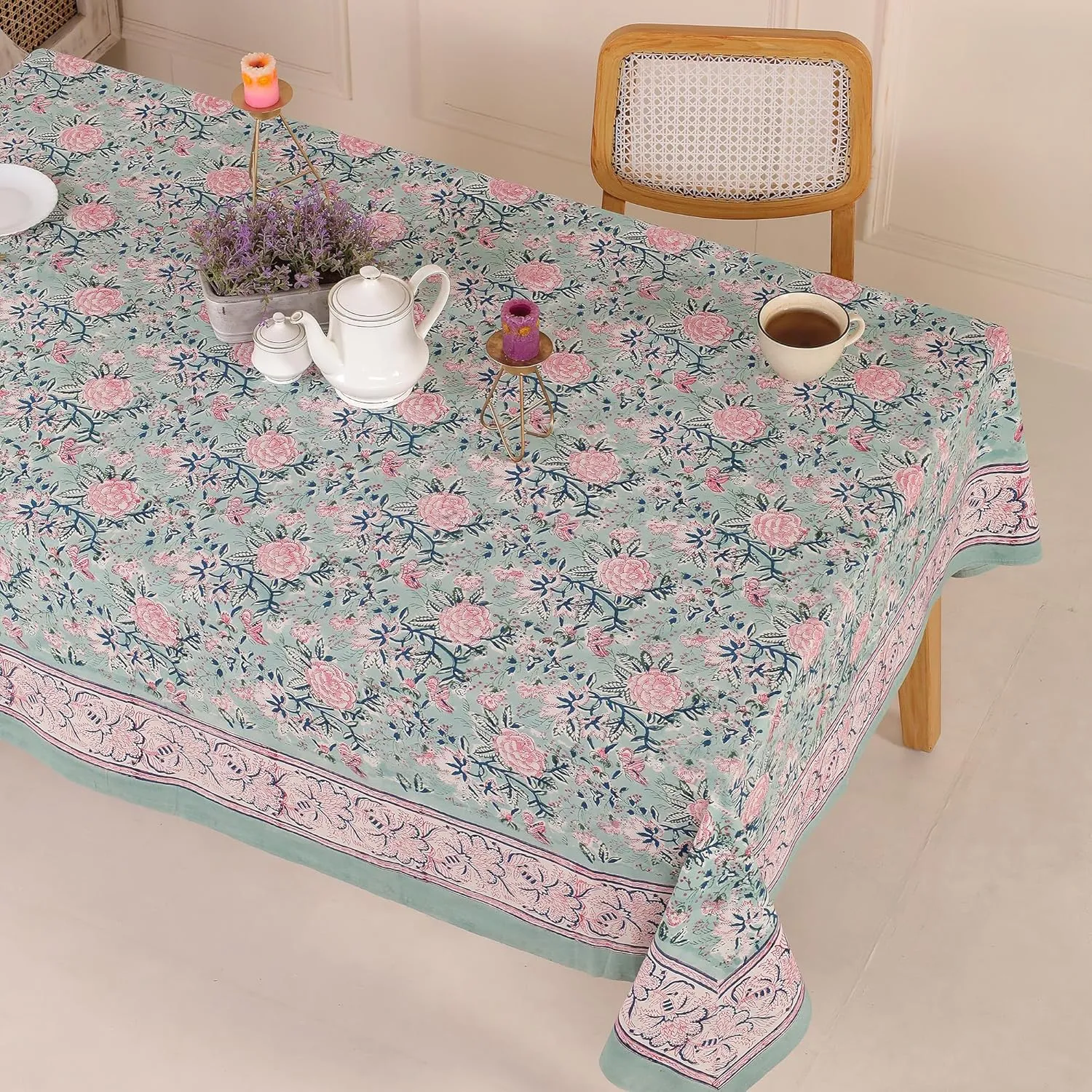 COTSILER Premium Handblock Printed Cotton Floral Tablecloth/Table Cover, Rectangular, Washable, Pre-Washed, Event, Dining, Thanksgiving (Peach Green-D14, 72x108 Inches)