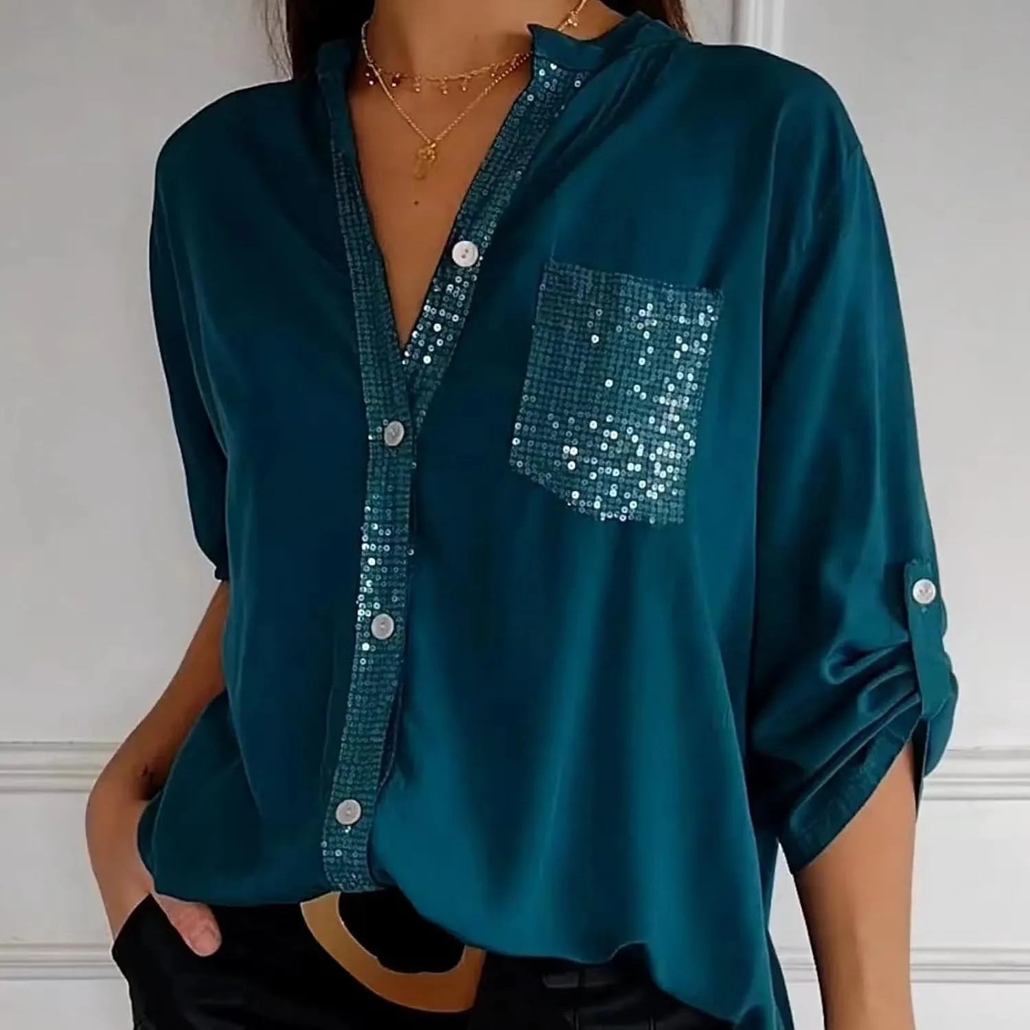 Cotton V-Neck Sequin Mid-Sleeve Casual Top, Glitter Sequin Short Sleeve, Casual Tee Shirt Top, for Women(Red,X-Large)
