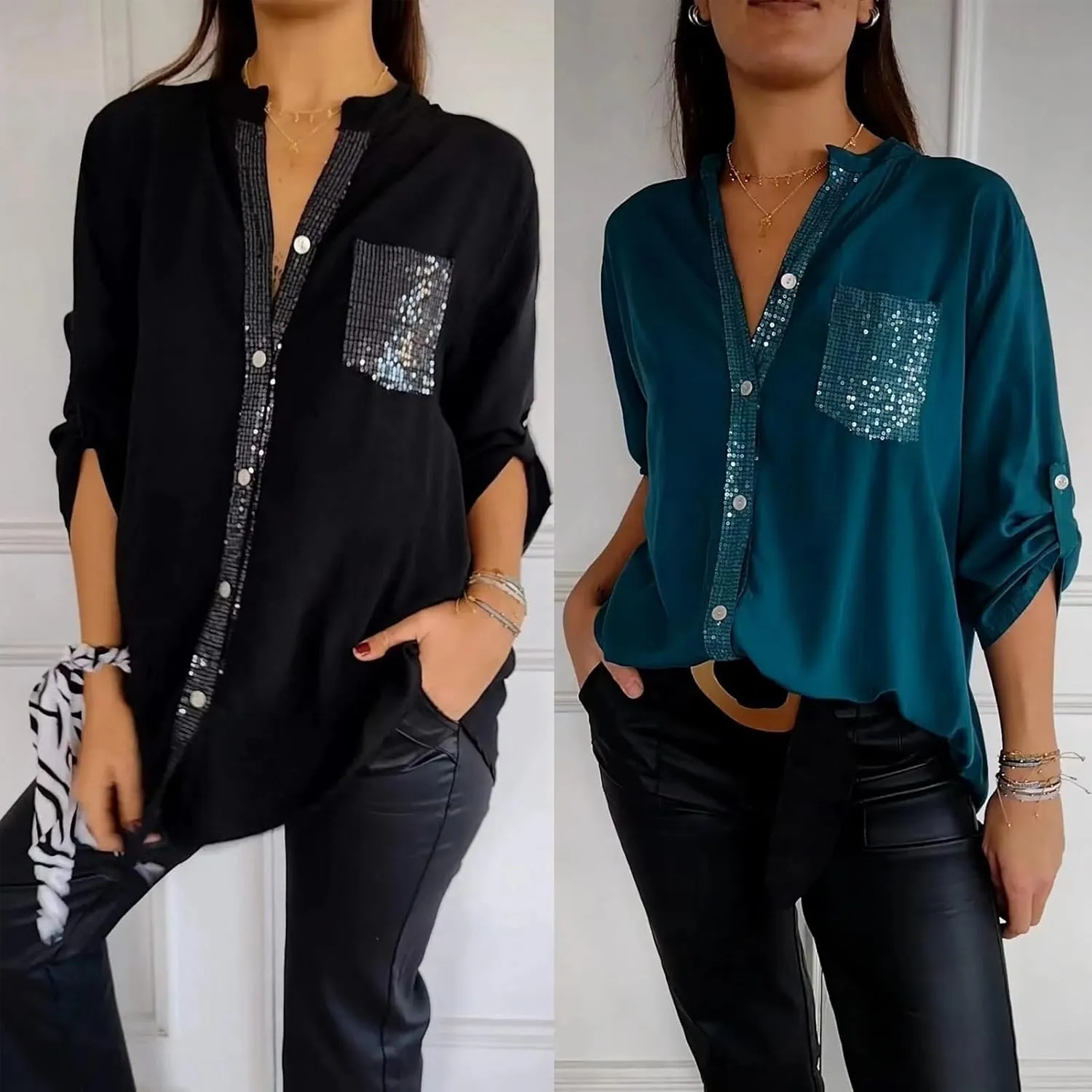 Cotton V-Neck Sequin Mid-Sleeve Casual Top, Glitter Sequin Short Sleeve, Casual Tee Shirt Top, for Women(Red,X-Large)