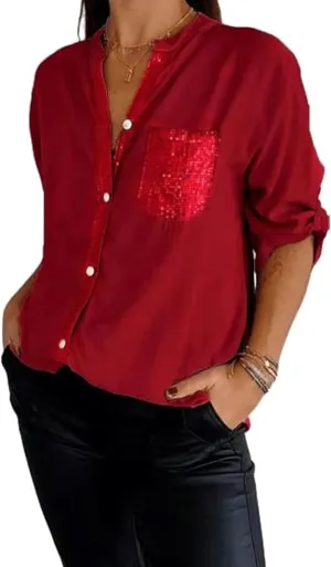 Cotton V-Neck Sequin Mid-Sleeve Casual Top, Glitter Sequin Short Sleeve, Casual Tee Shirt Top, for Women(Red,X-Large)