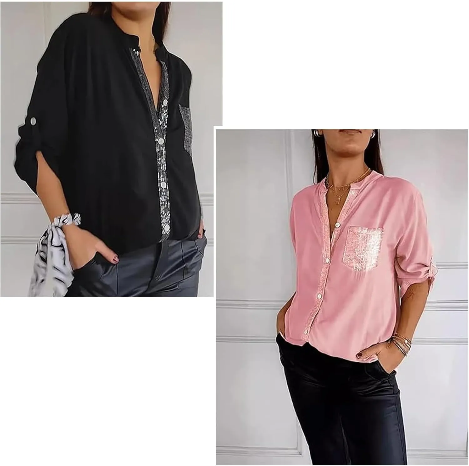 Cotton V-Neck Sequin Mid-Sleeve Casual Top, Glitter Sequin Short Sleeve, Casual Tee Shirt Top, for Women(Red,X-Large)