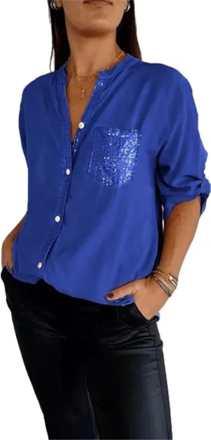 Cotton V-Neck Sequin Mid-Sleeve Casual Top, Glitter Sequin Short Sleeve V Neck Casual Tee Shirt Top