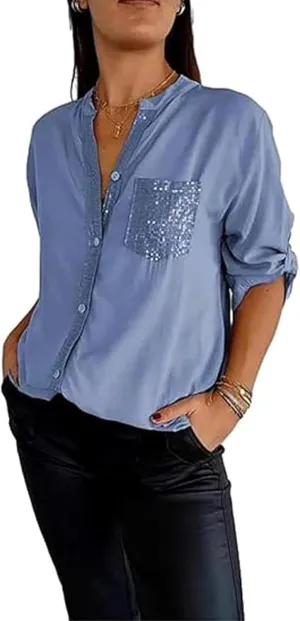 Cotton V-Neck Sequin Mid-Sleeve Casual Top,Glitter Sequin Short Sleeve V Neck Casual Tee Shirt Top for Women