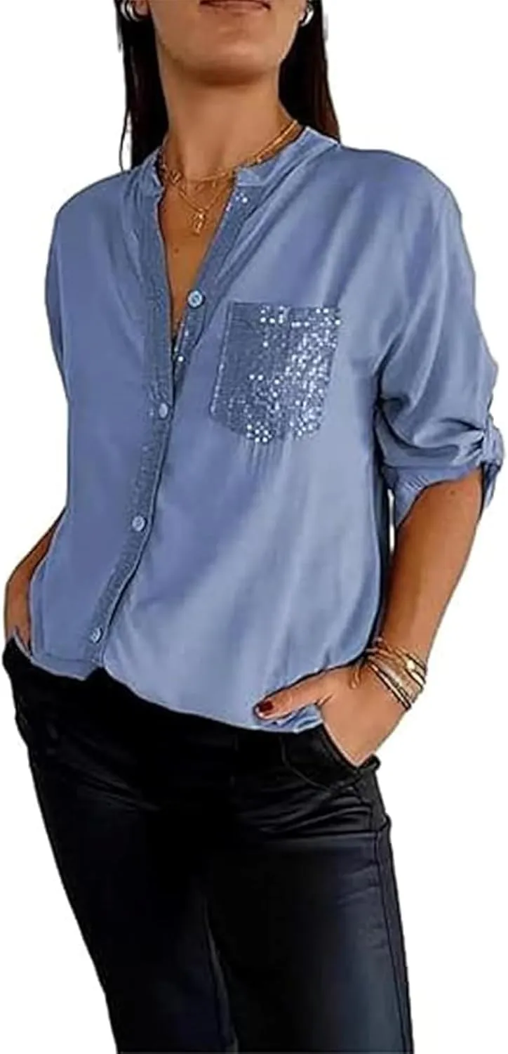 Cotton V-Neck Sequin Mid-Sleeve Casual Top,Glitter Sequin Short Sleeve V Neck Casual Tee Shirt Top for Women