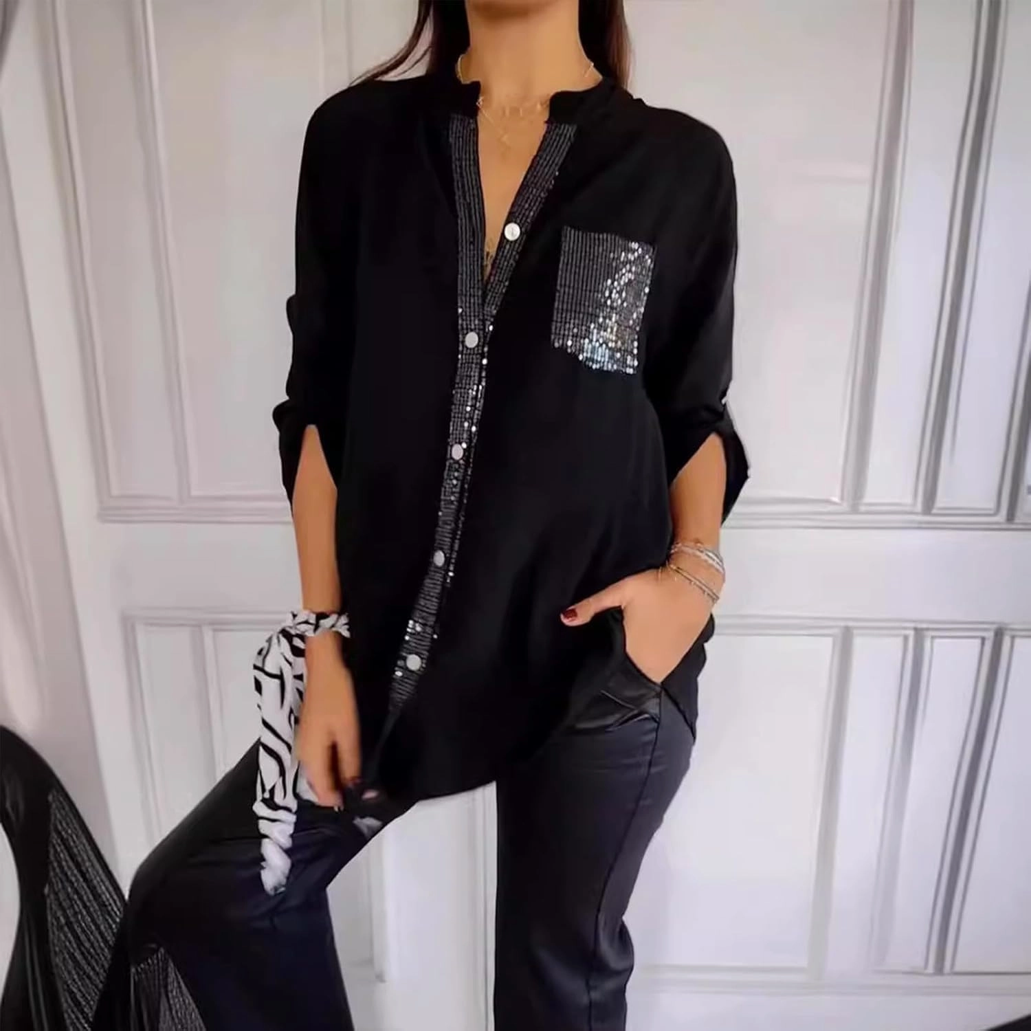 Cotton V-Neck Sequin Mid-Sleeve Casual Top,Glitter Sequin Short Sleeve V Neck Casual Tee Shirt Top for Women