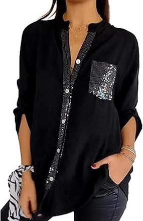 Cotton V-Neck Sequin Mid-Sleeve Casual Top,Glitter Sequin Short Sleeve V Neck Casual Tee Shirt Top for Women