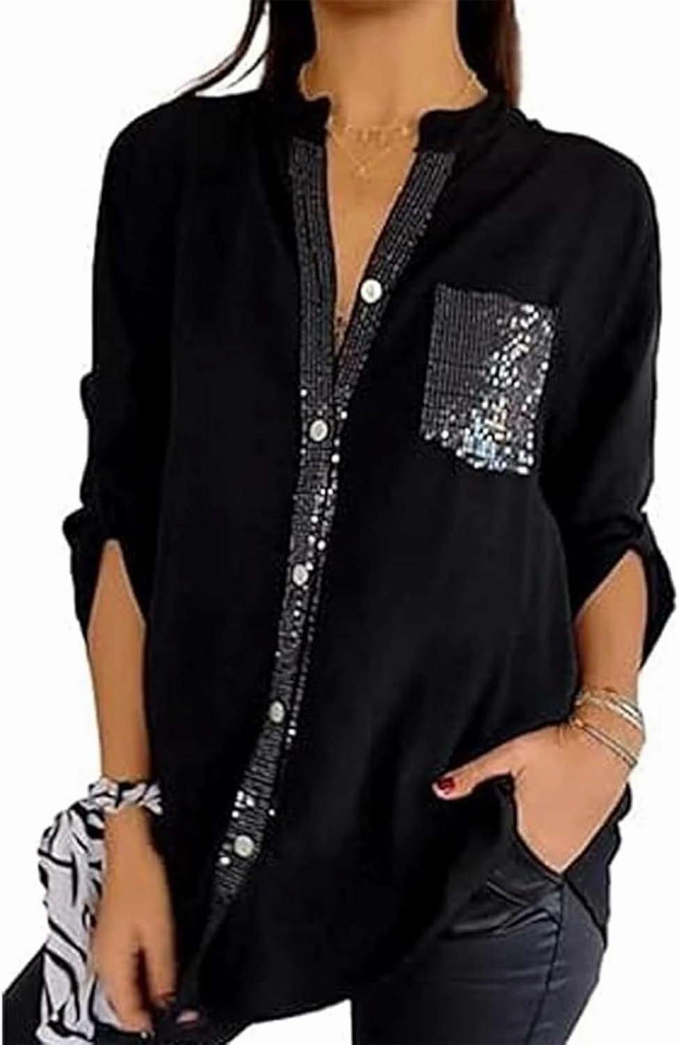 Cotton V-Neck Sequin Mid-Sleeve Casual Top,Glitter Sequin Short Sleeve V Neck Casual Tee Shirt Top for Women
