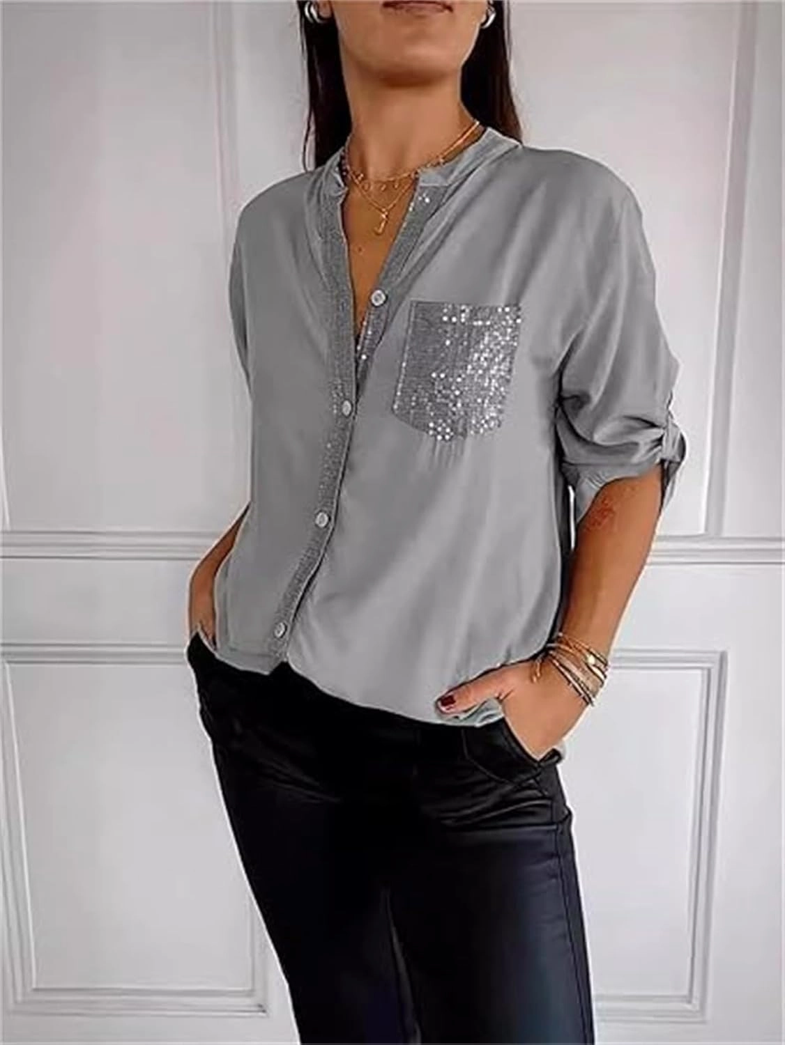 Cotton V-Neck Sequin Mid-Sleeve Casual Top,Glitter Sequin Short Sleeve V Neck Casual Tee Shirt Top for Women