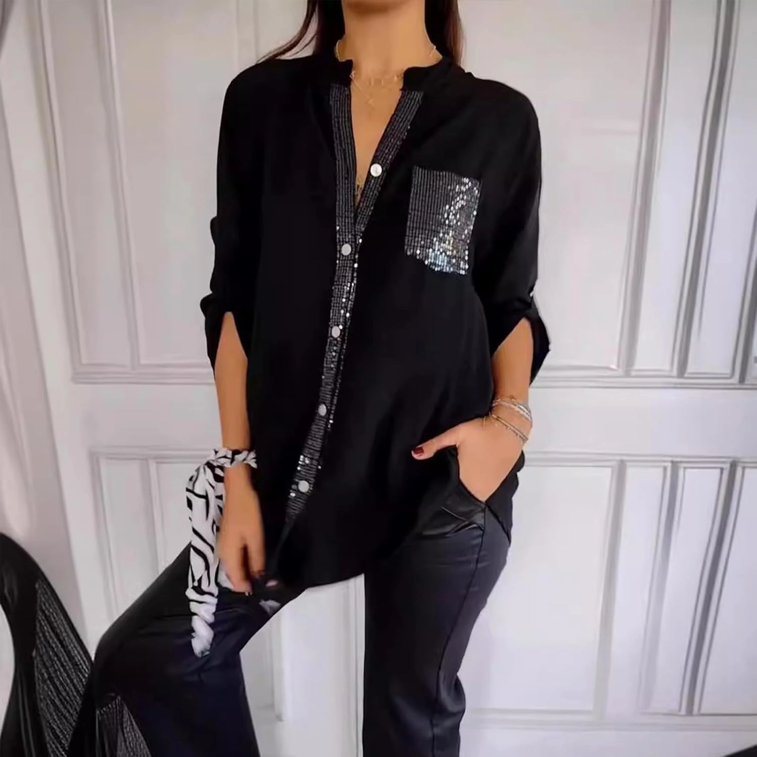 Cotton V-Neck Sequin Mid-Sleeve Casual Top,Glitter Sequin Short Sleeve V Neck Casual Tee Shirt Top for Women