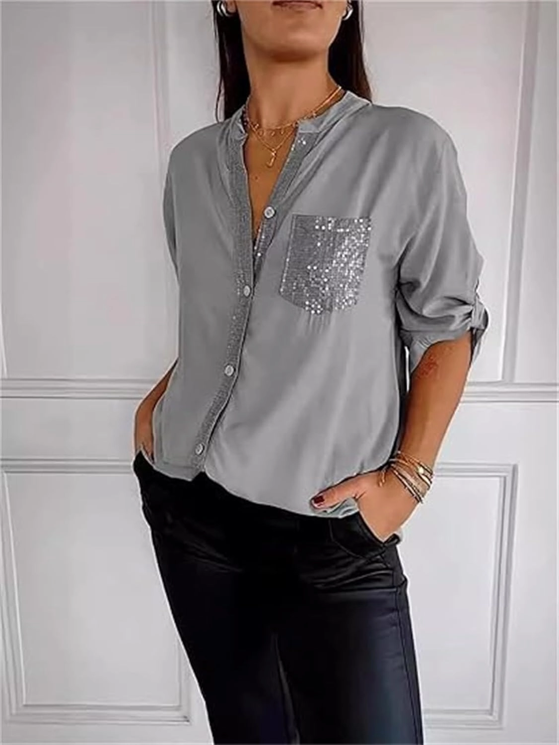 Cotton V-Neck Sequin Mid-Sleeve Casual Top,Glitter Sequin Short Sleeve V Neck Casual Tee Shirt Top for Women