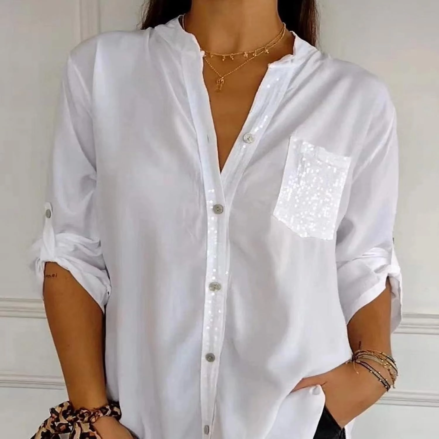 Cotton V-Neck Sequin Mid-Sleeve Casual Top,Glitter Sequin Short Sleeve V Neck Casual Tee Shirt Top for Women