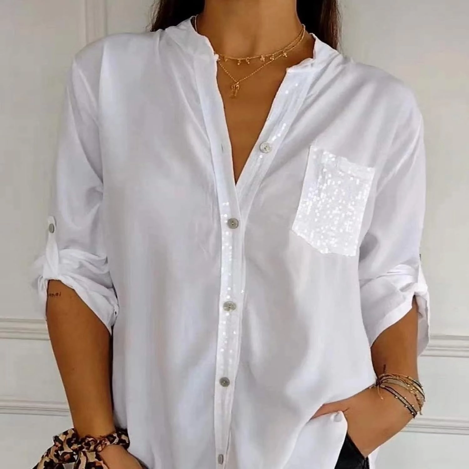 Cotton V-Neck Sequin Mid-Sleeve Casual Top,Glitter Sequin Short Sleeve V Neck Casual Tee Shirt Top for Women
