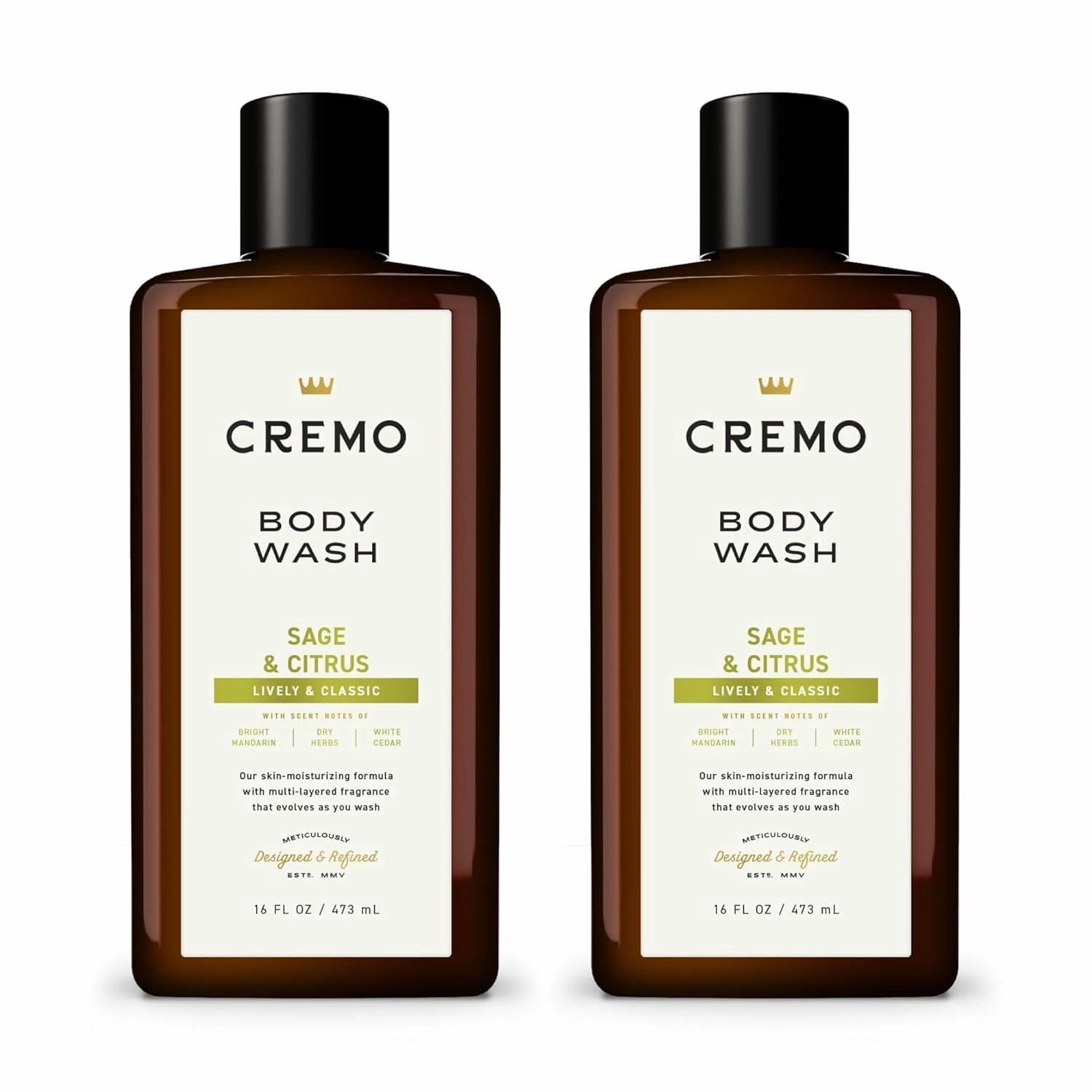 Cremo Rich-Lathering Sage & Citrus Body Wash, A Revitalizing Combination of Bright Mandarin, Dry Herbs and White Cedar, 16 Fl Oz (2-Pack)