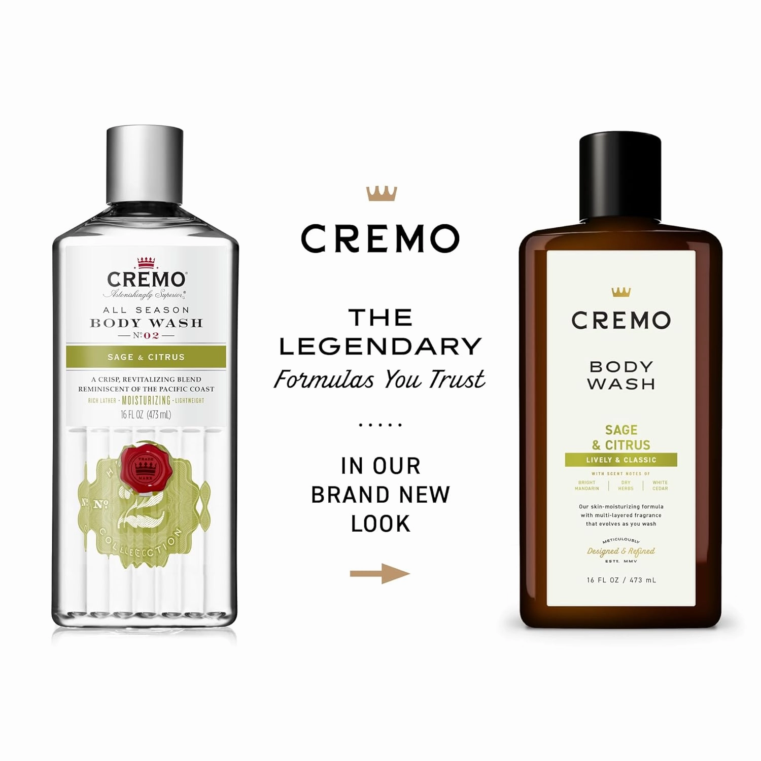 Cremo Rich-Lathering Sage & Citrus Body Wash, A Revitalizing Combination of Bright Mandarin, Dry Herbs and White Cedar, 16 Fl Oz (2-Pack)
