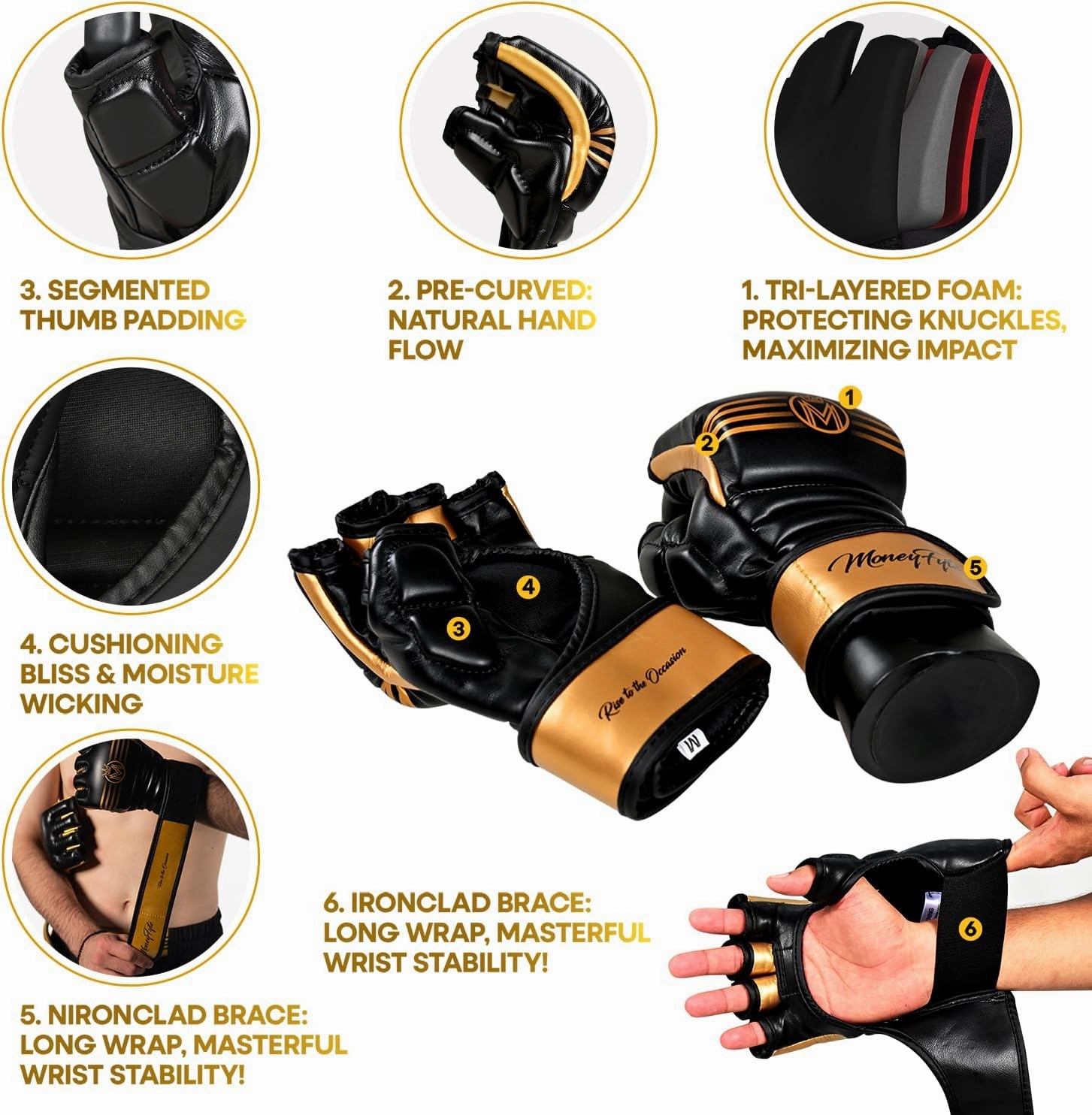Crown MMA Gloves for Men & Women Martial Arts Punching Bag Gloves, UFC Grappling Fighting & Kickboxing Gloves Pre-Curved Half Finger Boxing Sparring Glove