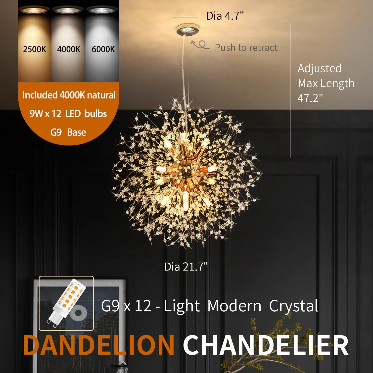 Crystal Chandelier, Firework Modern Beaded Chandeliers, Dandelion Gold Pendant Lamp, Hanging Lighting Fixture for Bedroom, Dining Room, Kitchen, Farmhouse, Hallway, Foyer, 12 G9 Bulbs Included
