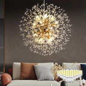 Crystal Chandelier, Firework Modern Beaded Chandeliers, Dandelion Gold Pendant Lamp, Hanging Lighting Fixture for Bedroom, Dining Room, Kitchen, Farmhouse, Hallway, Foyer, 12 G9 Bulbs Included