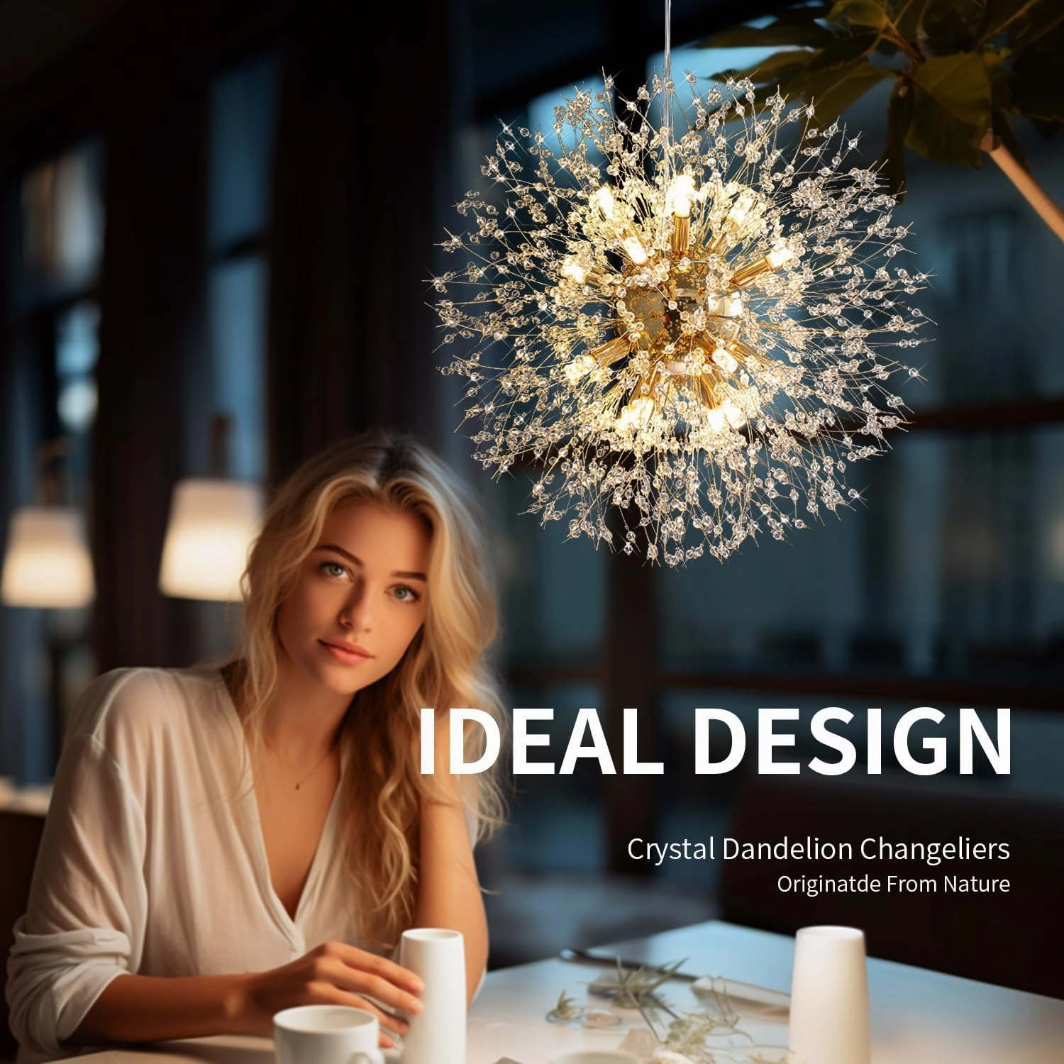 Crystal Chandelier, Firework Modern Beaded Chandeliers, Dandelion Gold Pendant Lamp, Hanging Lighting Fixture for Bedroom, Dining Room, Kitchen, Farmhouse, Hallway, Foyer, 12 G9 Bulbs Included