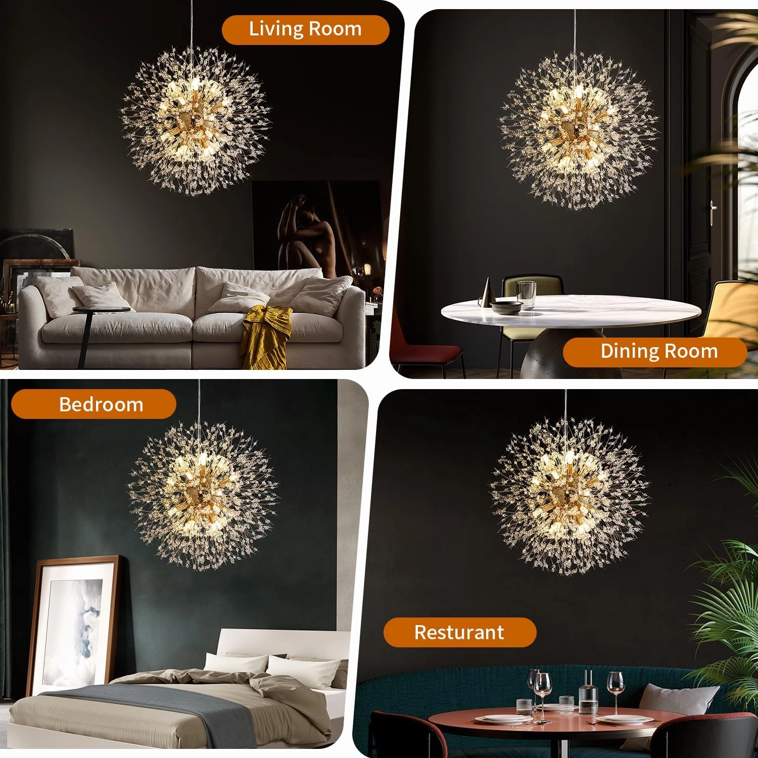 Crystal Chandelier, Firework Modern Beaded Chandeliers, Dandelion Gold Pendant Lamp, Hanging Lighting Fixture for Bedroom, Dining Room, Kitchen, Farmhouse, Hallway, Foyer, 12 G9 Bulbs Included
