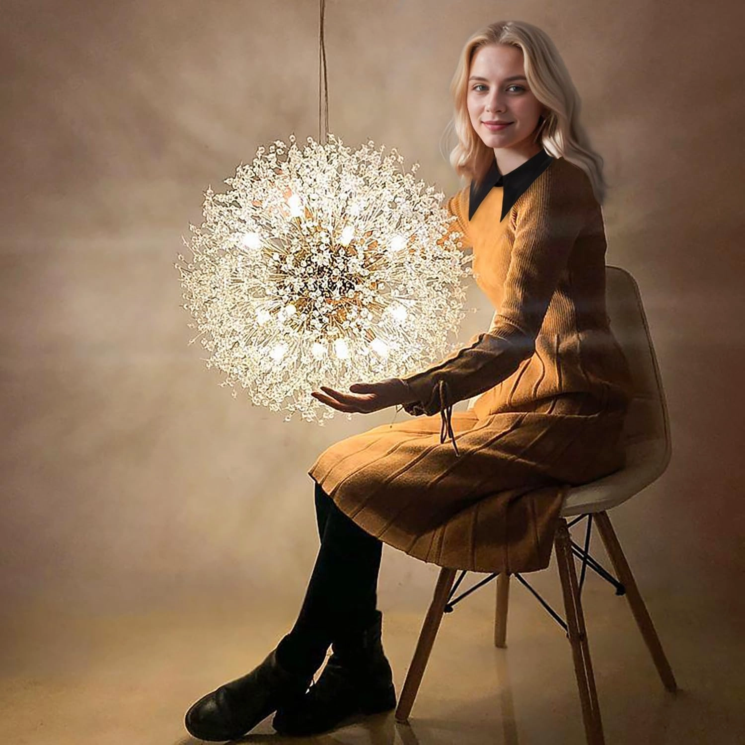 Crystal Chandelier, Firework Modern Beaded Chandeliers, Dandelion Gold Pendant Lamp, Hanging Lighting Fixture for Bedroom, Dining Room, Kitchen, Farmhouse, Hallway, Foyer, 12 G9 Bulbs Included
