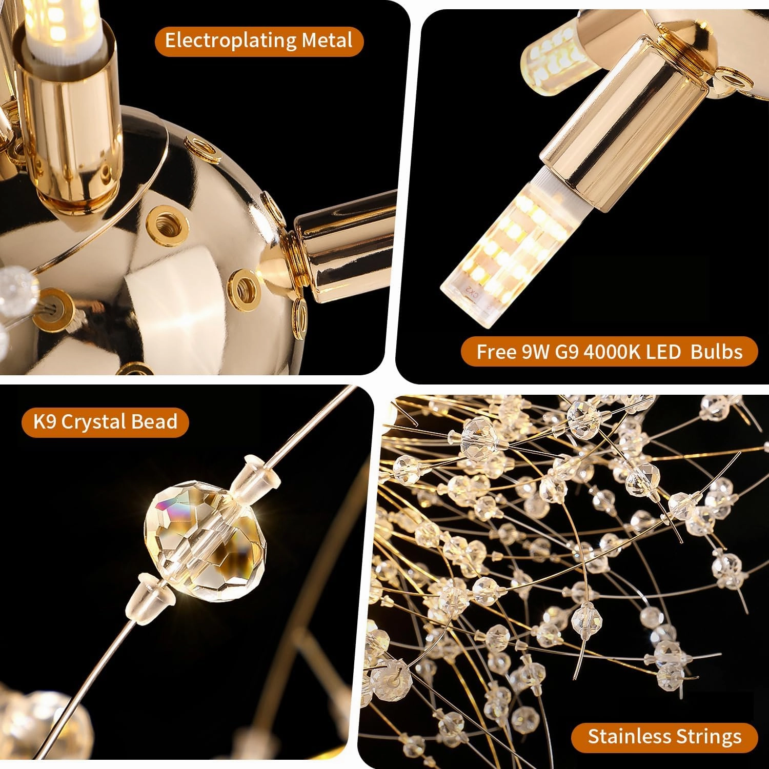 Crystal Chandelier, Firework Modern Beaded Chandeliers, Dandelion Gold Pendant Lamp, Hanging Lighting Fixture for Bedroom, Dining Room, Kitchen, Farmhouse, Hallway, Foyer, 12 G9 Bulbs Included
