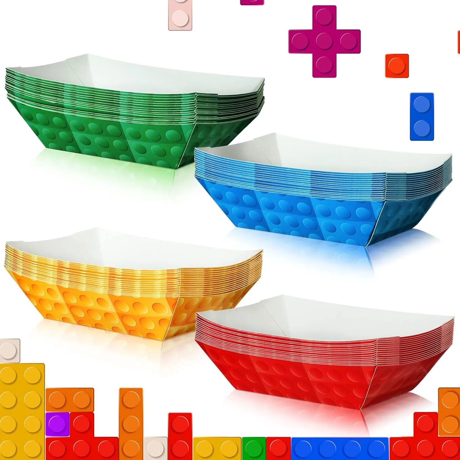 Ctosree 60 Pcs Building Block Favor Paper Food Trays Large Brick Theme Party Disposable Serving Tray Food Boats Nacho Trays Hot Dog Holder Concession Stand Supplies for Building Block Themed Party