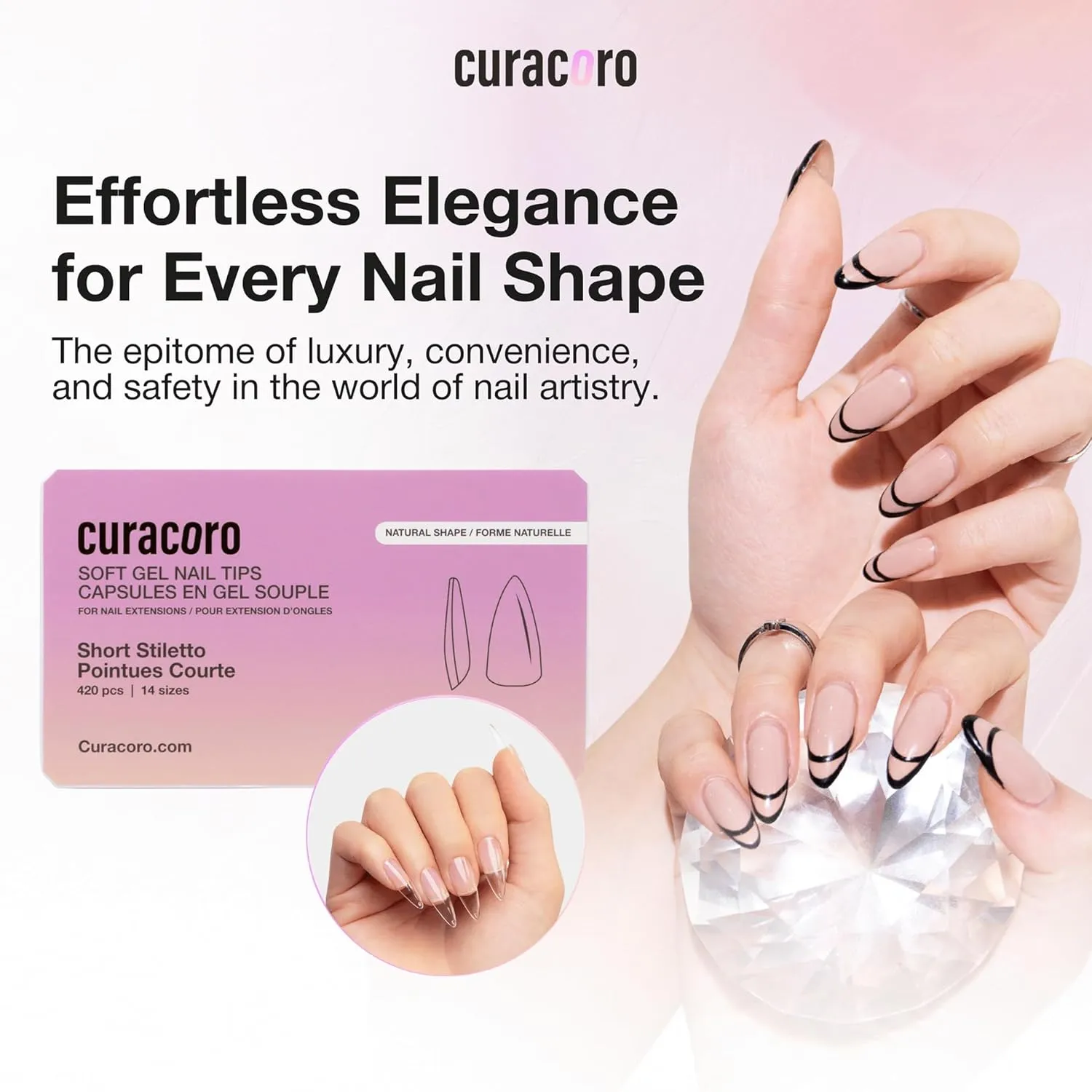 Curacoro Natural Nail Soft Gel Tips - 420Pcs Soft Gel Nail Extension, 14 Sizes Clear Full Cover Acrylic Tips, Long-Lasting Salon Quality, Easy to Wear & Natural Look