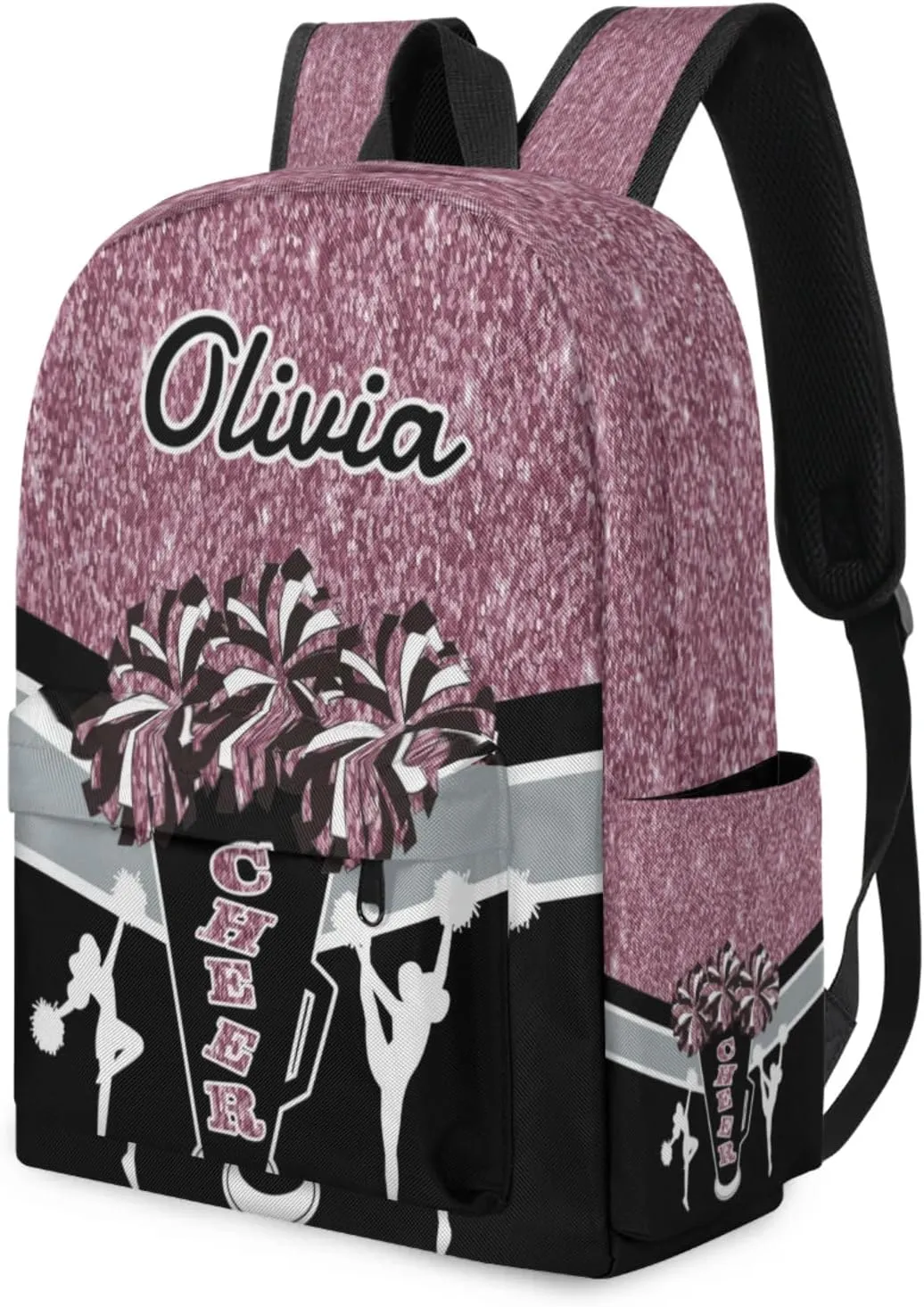 Custom Cheer Backpack for Women Cheerleaders, Personalized Waterproof Casual Daypack Bag with Name for Camping Hiking, Dark Pink Glitter Shoulder Bag
