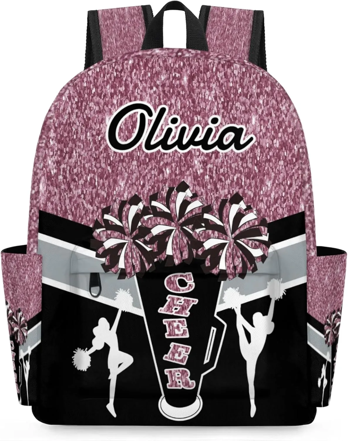 Custom Cheer Backpack for Women Cheerleaders, Personalized Waterproof Casual Daypack Bag with Name for Camping Hiking, Dark Pink Glitter Shoulder Bag