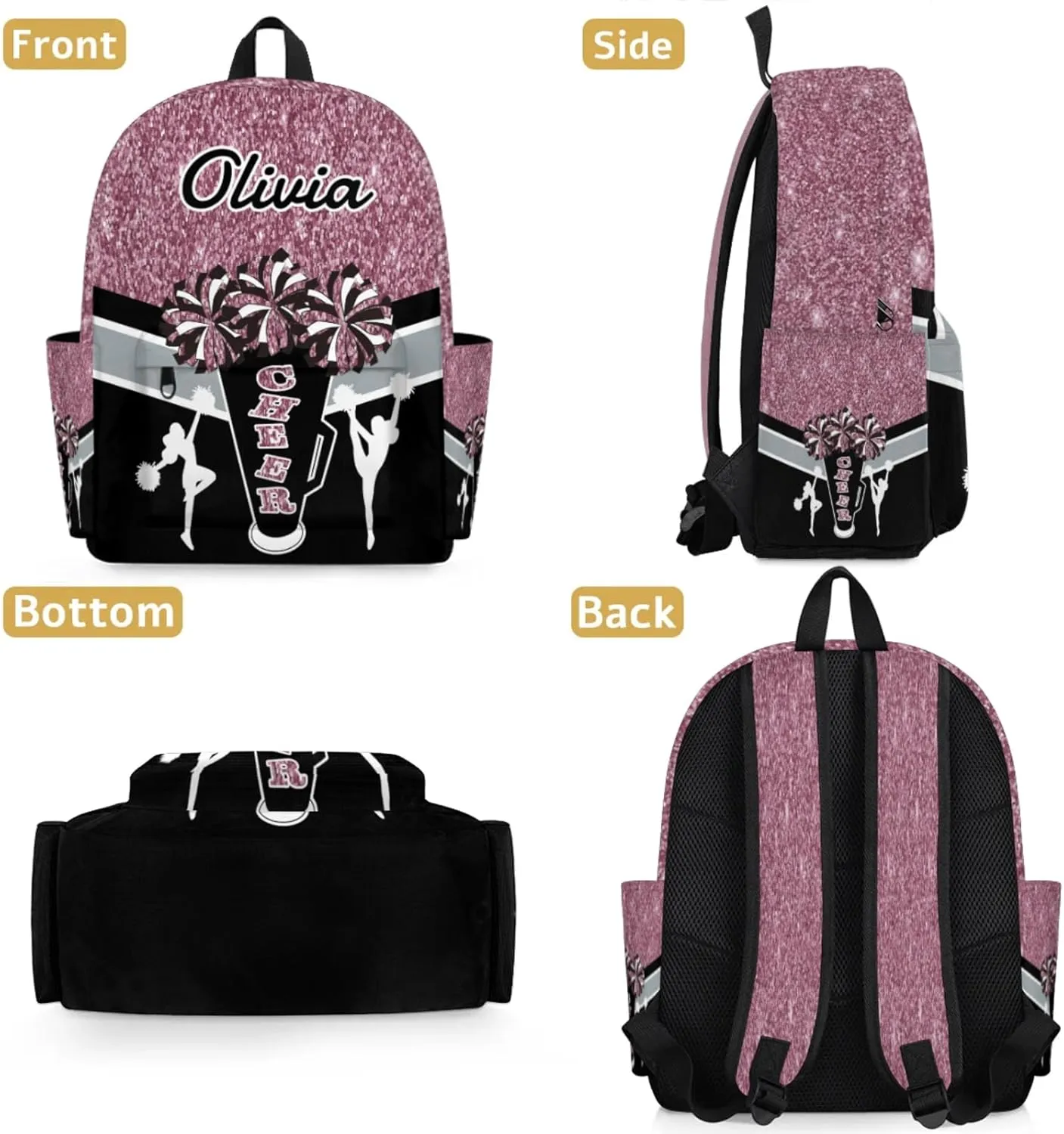 Custom Cheer Backpack for Women Cheerleaders, Personalized Waterproof Casual Daypack Bag with Name for Camping Hiking, Dark Pink Glitter Shoulder Bag