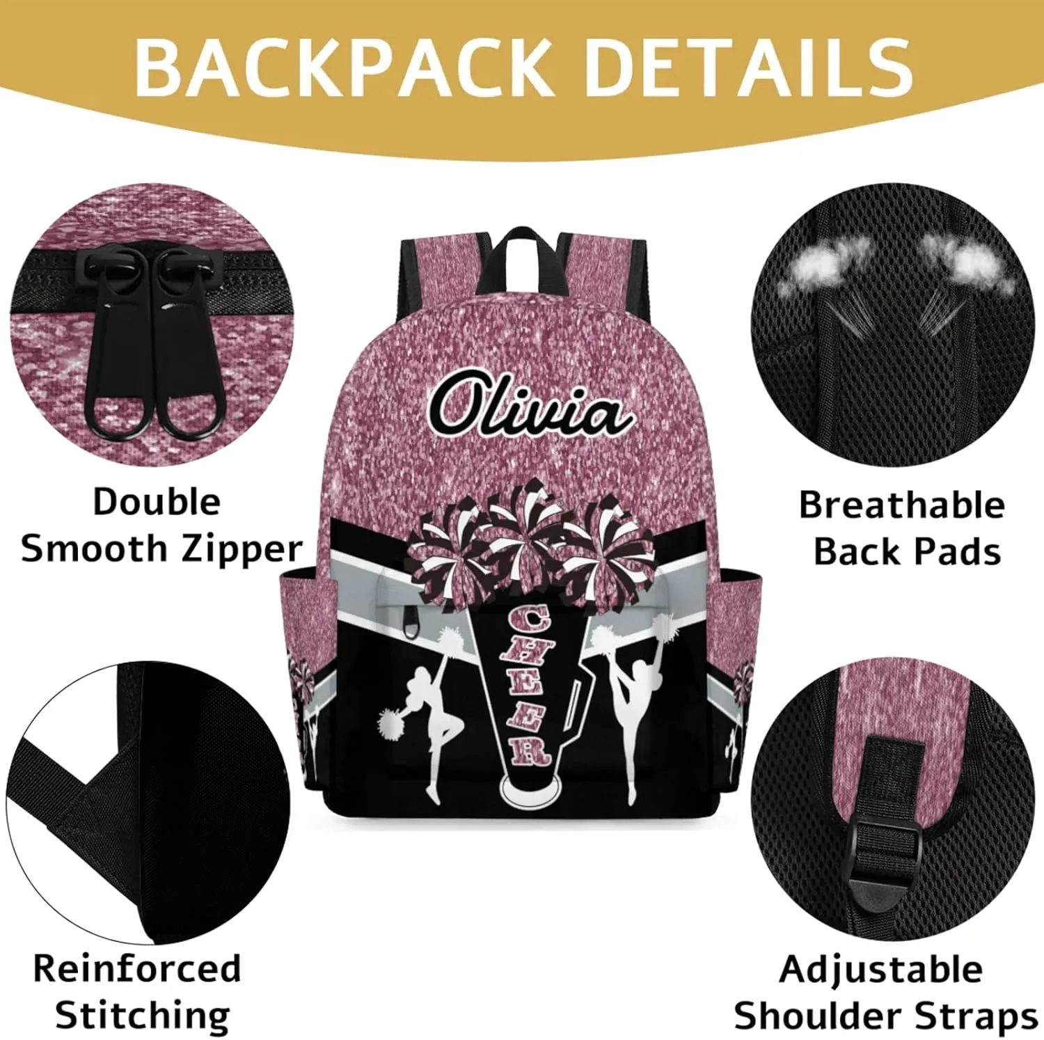 Custom Cheer Backpack for Women Cheerleaders, Personalized Waterproof Casual Daypack Bag with Name for Camping Hiking, Dark Pink Glitter Shoulder Bag