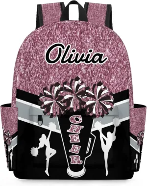 Custom Cheer Backpack for Women Cheerleaders, Personalized Waterproof Casual Daypack Bag with Name for Camping Hiking, Dark Pink Glitter Shoulder Bag