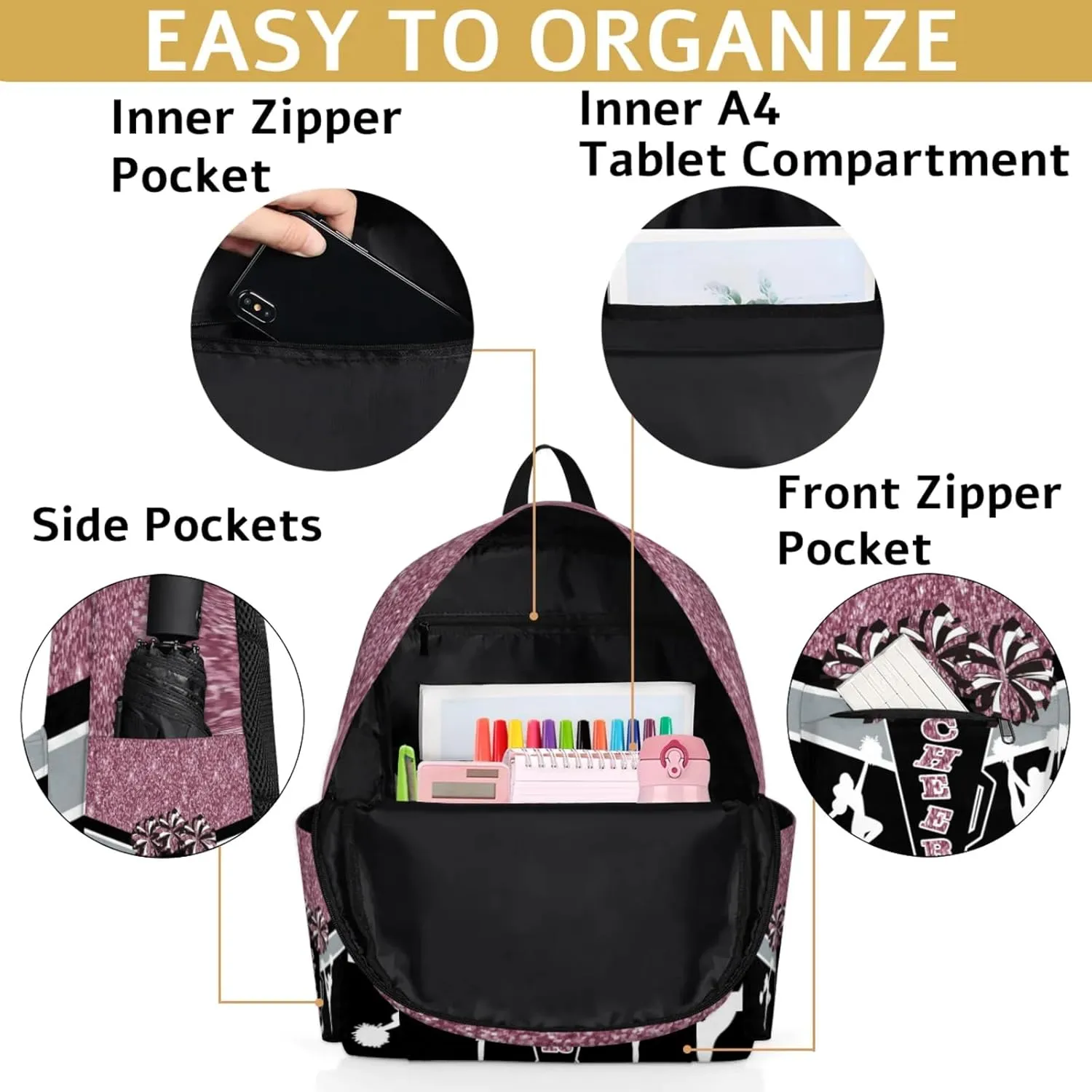 Custom Cheer Backpack for Women Cheerleaders, Personalized Waterproof Casual Daypack Bag with Name for Camping Hiking, Dark Pink Glitter Shoulder Bag