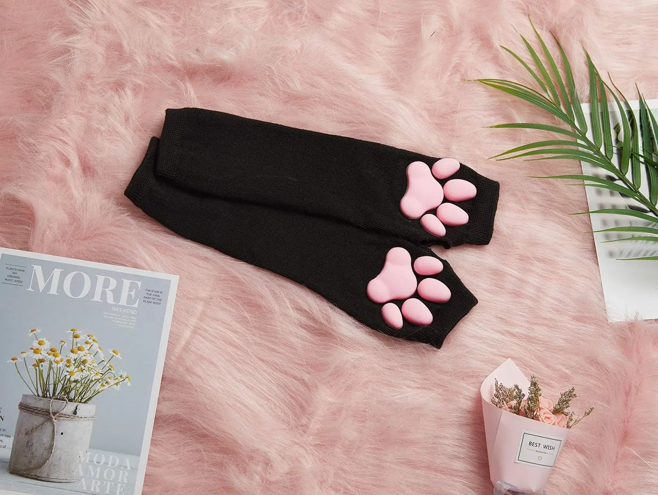 Cute Cat Paw Mittens Gloves, Kawaii Cat Cosplay Kawaii Soft 3D Toes Beans Fingerless Cat Claw Paws Pad Sleeve