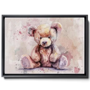 Cute Teddy Bear Watercolor, Simple Animal Design, In The Style Of Light Emerald And Light Brown, Light Pink And Dark Gray, Mural, Charming Characters, Canvas Prints