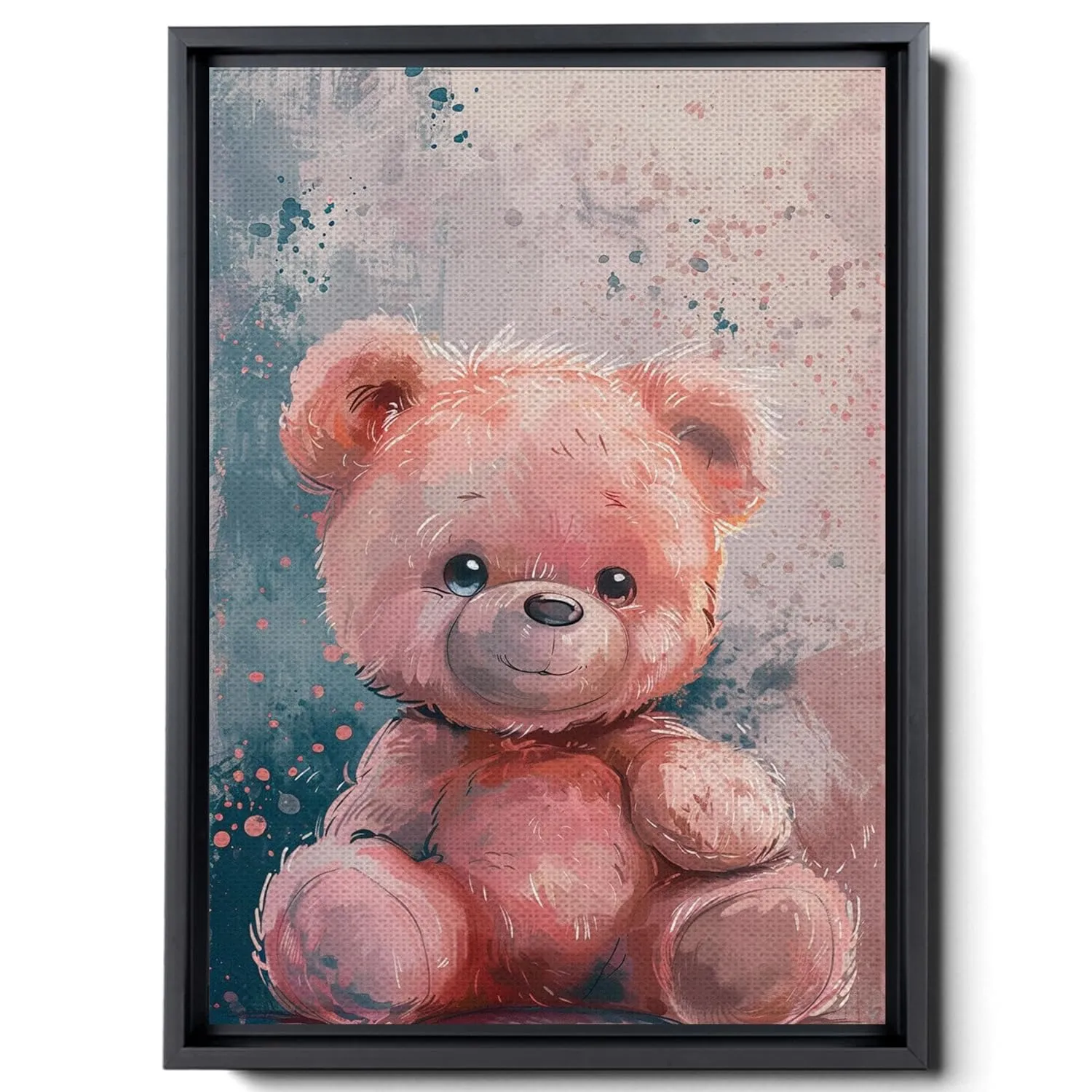 Cute Teddy Bear Watercolor, Simple Animal Design, In The Style Of Light Emerald And Light Brown, Light Pink And Dark Gray, Mural, Charming Characters, Canvas Prints