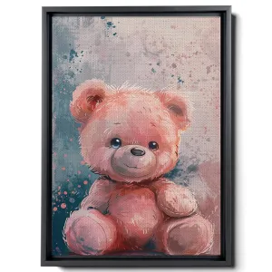 Cute Teddy Bear Watercolor, Simple Animal Design, In The Style Of Light Emerald And Light Brown, Light Pink And Dark Gray, Mural, Charming Characters, Canvas Prints