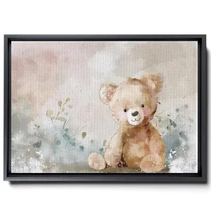 Cute Teddy Bear Watercolor, Simple Animal Design, In The Style Of Light Emerald And Light Brown, Light Pink And Dark Gray, Mural, Charming Characters, Canvas