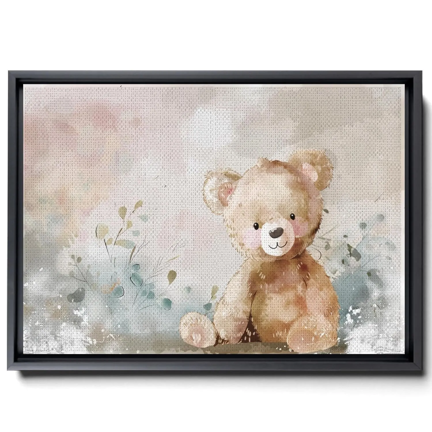 Cute Teddy Bear Watercolor, Simple Animal Design, In The Style Of Light Emerald And Light Brown, Light Pink And Dark Gray, Mural, Charming Characters, Canvas